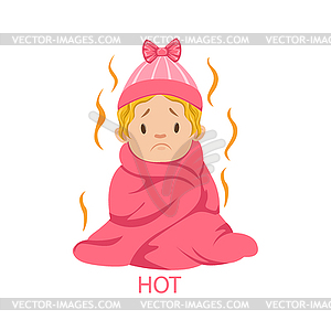 Little Baby Girl In Hat And Blanket Is Too Hot, Par - vector clipart