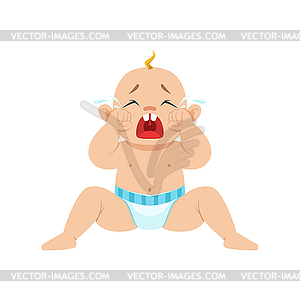 Little Baby Boy Sitting In Nappy Crying Out Loud - vector clipart