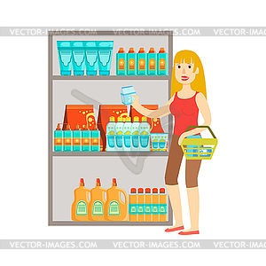 Girl Shopping For Drinks, Shopping Mall And - vector image