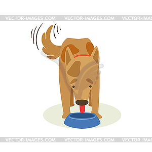 Brown Pet Dog Eating Dog Food, Animal Emotion - vector image