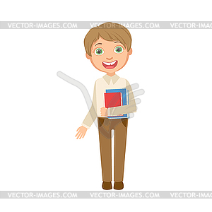 Boy In Brown Trousers And White Vest Holding Books - vector clipart