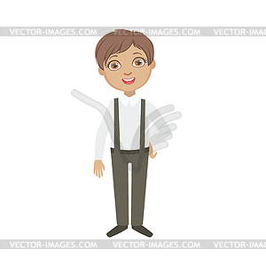 Boy In Black Pants With Suspenders Happy Schoolkid - vector image