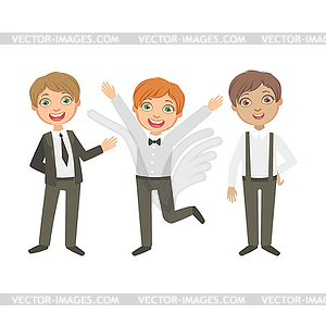 Мальчики в черно-белых нарядах Счастливые школьники - изображение в векторном формате
