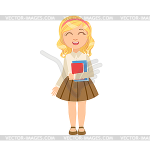 Girl In Brown Skirt Holding Books Happy Schoolkid I - vector clipart