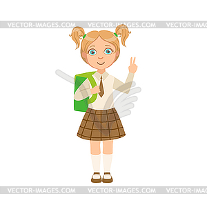 Girl In Chekered Skirt With Tie Happy Schoolkid In - vector image