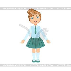 Girl In Blue Skirt And Tie Happy Schoolkid In Schoo - vector clipart