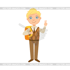 Boy In Brown Vest And Trousers With Backpack Happy - vector image