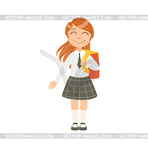 Girl In Black Checkered Skirt And Tie Happy - vector clipart