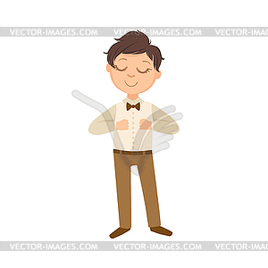 Мальчик в коричневом цвете брюки и галстук-бабочка Happy I школьник - рисунок в векторном формате