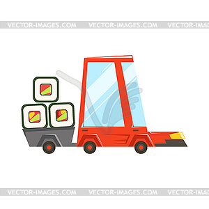 Fast Delivery Takeout Service Red Car With Trailer - vector image