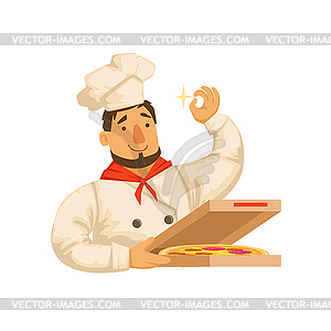 Chef Packing Pizza In Box,Part Of Italian Fast - vector image