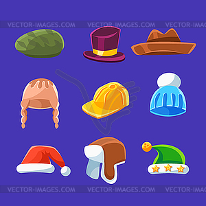 Different Types Of Hats And Caps, Warm And Classy - vector image