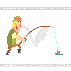 Amateur Fisherman In Khaki Clothes Seeing Fish To - vector clipart