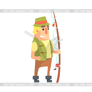 Happy Amateur Fisherman In Khaki Clothes Standing - vector image