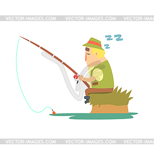 Amateur Fisherman In Khaki Clothes Sleeping On Rive - vector clipart