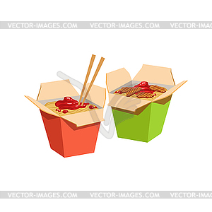Two Paper Boxed With Wok Fried Noodles For Takeout - vector image