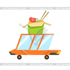 Fast Delivery Takeout Service Orange Car With Wok - vector clipart