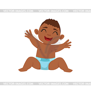 Happy Black Boy Infant In Diaper Sitting Part Of - vector clipart