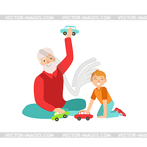 Дедушка и внучек Игра игрушечные автомобили, часть - изображение в векторе / векторный клипарт