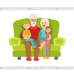 Grandparents And Grandchildren Sitting On Sofa, Par - vector image