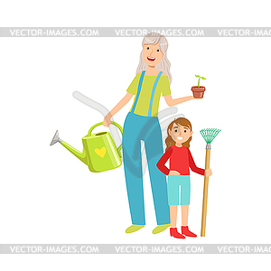 Grandmother And Granddaughter Gardening, Part Of - stock vector clipart
