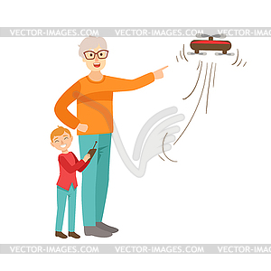 Grandfather And Grandson Flying Drone, Part Of - vector clipart