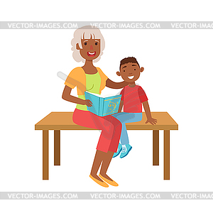 Grandmother And Grandson Reading Book, Part Of - vector image