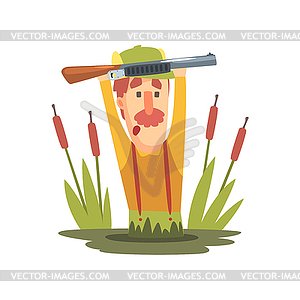Funny Childish Hunter Character With Moustache Goin - vector clip art