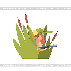 Funny Childish Hunter Character With Moustache - vector clipart