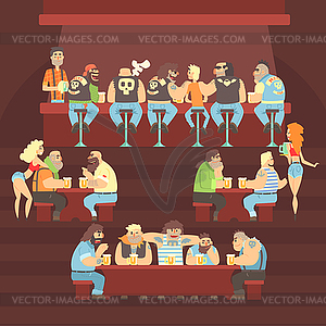 Dark Bar With Criminal Looking Bikers And Sailor - vector clip art