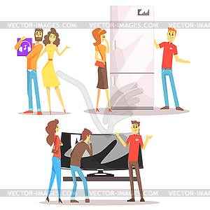 Happy Smiling People In Department Store Shopping - royalty-free vector clipart