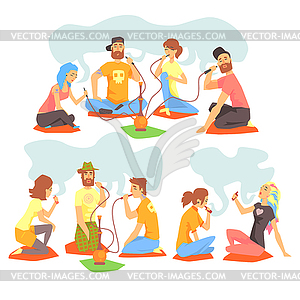 Young Cool People Smoking Hookah And Electronic - vector image
