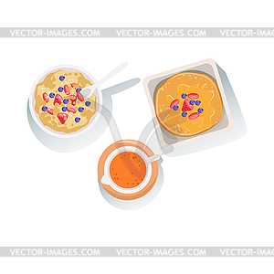 Porridge, Pancakes And Orange Juice Set Of Classic - vector image