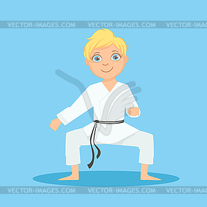 Boy In White Kimono In Defensive Stance On Karate - vector clipart / vector image