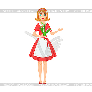 Girl Florist In Apron Working As Flower Shop - vector clipart