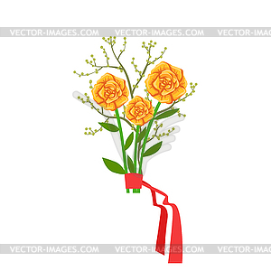 Orange Roses Flower Bouquet Tied With Red Ribbon, - vector image