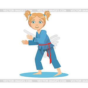 Girl In Blue Kimono Fighting In Sparring On Karate - vector image