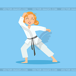 Girl With Ponytails In White Kimono On Karate - vector image