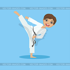 Boy In White Kimono Doing Leg Sidekick On Karate - vector clipart