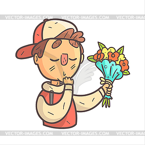 Стесняться дарит цветы Мальчик в кепке и колледж - клипарт в формате EPS