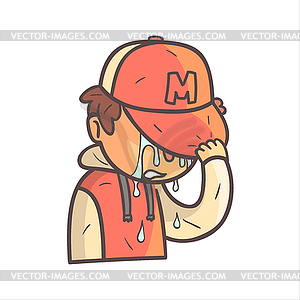 Crying Covering Face Boy In Cap And College Jacket - vector clip art