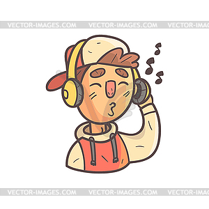 Listening To Music Boy In Cap And College Jacket - stock vector clipart