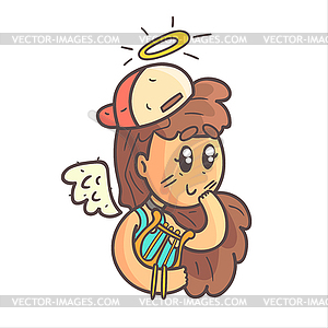 Angel Girl In Cap, чокеровщик и синий Топ Emoji Прохладный - иллюстрация в векторе