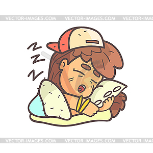 Sleeping Girl In Cap, Choker And Blue Top Emoji Coo - vector image