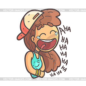 Histerically Laughing Girl In Cap, Choker And Blue - vector clipart