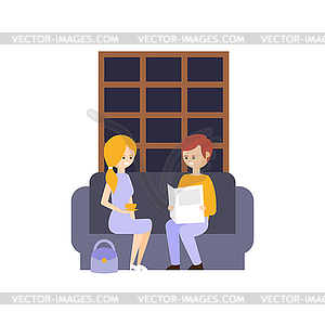 Two Tourists In Lobby Reading Newspapers And - vector clip art