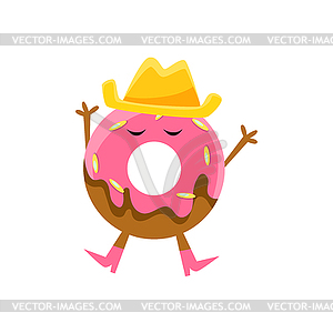 Humanized Doughnut With Pink Glazing And Cowboy - vector clipart