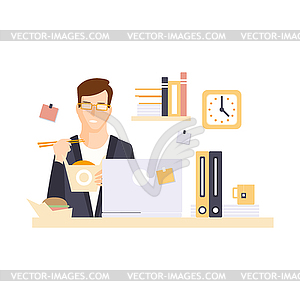 Man Office Worker In Office Cubicle Eating Lunch - vector image