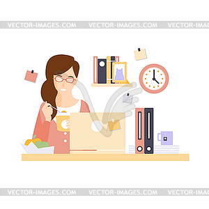Woman Office Worker Eating Lunch In Office Cubicle - vector clipart
