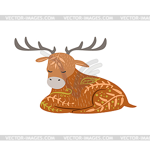 Moose Relaxed Cartoon Wild Animal With Closed Eyes - color vector clipart